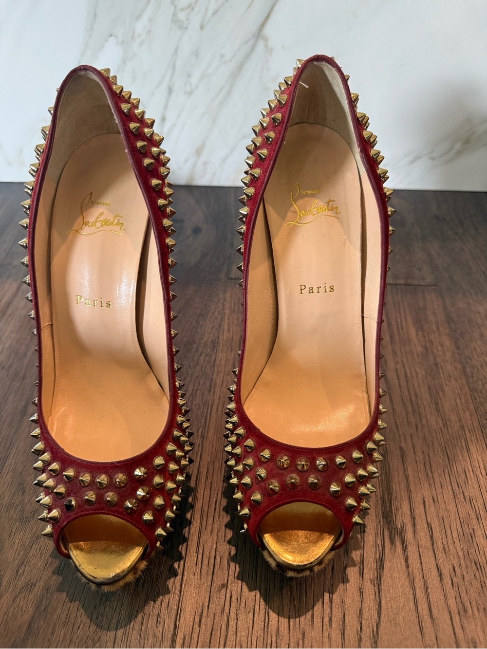 Christian Louboutin Red Studded Leopard-Trim High Heel Pumps - Picture 4 of 7